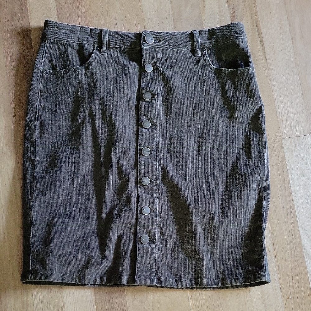 Curduroy Olive Green Button-Front Pencil Skirt